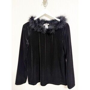 Easy Spirit Womens Black Velvet Top Detachable Feather Collar Long Sleeve Size L